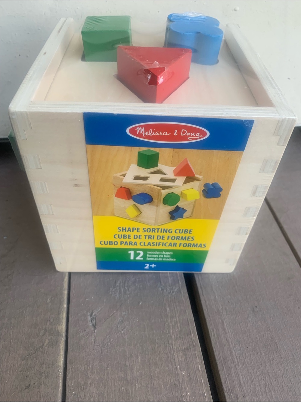 Melissa & Doug Wooden Shape Sorting Cube with Red, Green, Blue, Yellow Shapes